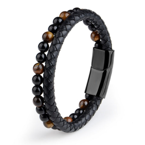 Zetira Bracelets For Men, Natural Stone Bracelets Genuine Leather Braided Bracelets Black Stainless Steel Magnetic Clasp Tiger eye Bead Bangle Men Jewelry|Charm Bracelets| at $14.97 only from Zetira Jewelry